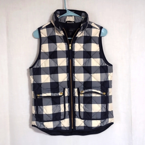 J Crew Blue White Plaid Full Zip Down Filled Vest Size XS - Picture 1 of 6